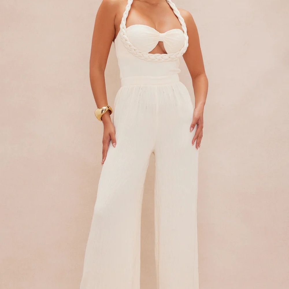 NOVALUXE Cream Chelsea Textured Braided Detail Halter Jumpsuit Wide Leg Size XL